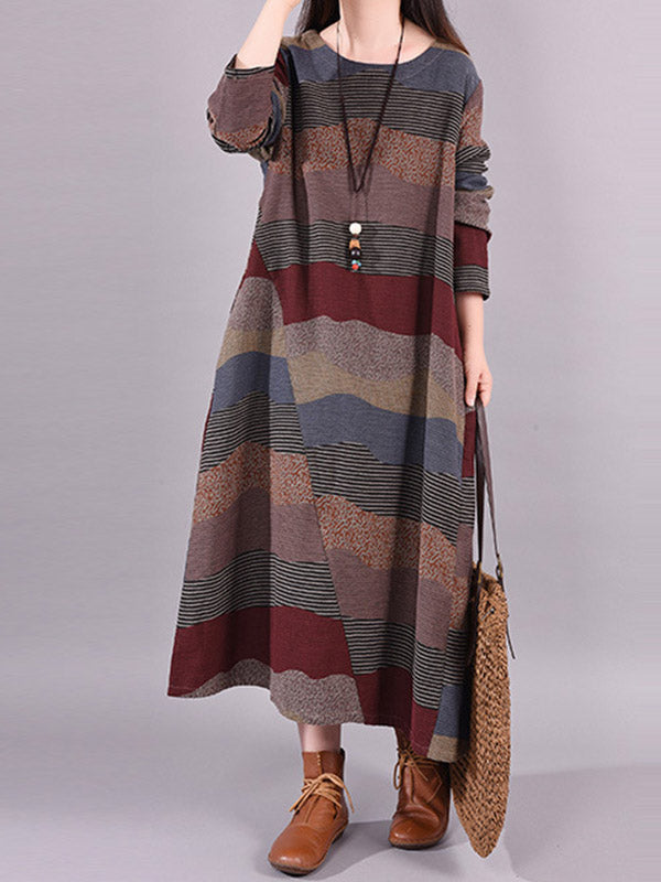 Robe mi-longue artistique ample rayée multicolore rétro, en coton et ramie, à col rond, à manches longues