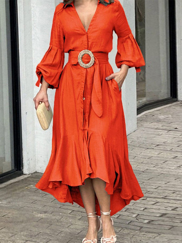 Robe longue plissée à ourlet plongeant, à manches bouffantes, à col revers, couleur unie