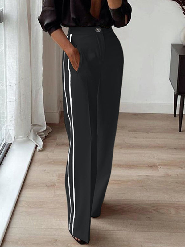 Pantalon ample rayé taille haute, à poches