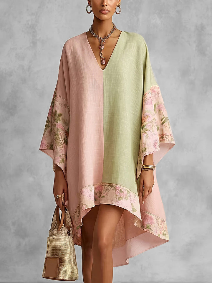 Robe mi-longue ample à empiècements, à imprimé floral, à manches trois-quarts, à col en V, couleur contrastée