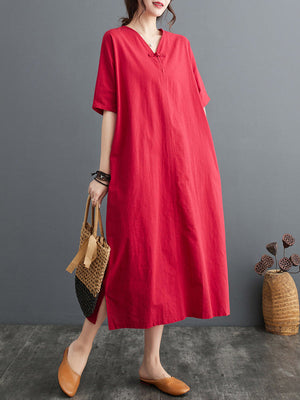 Robe trapèze ample avec boutons de grenouille chinoise, poches, couleur unie, fendue sur le côté, col en v, robes mi-longues