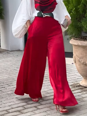 Pantalon ample taille haute, à poches, couleur unie