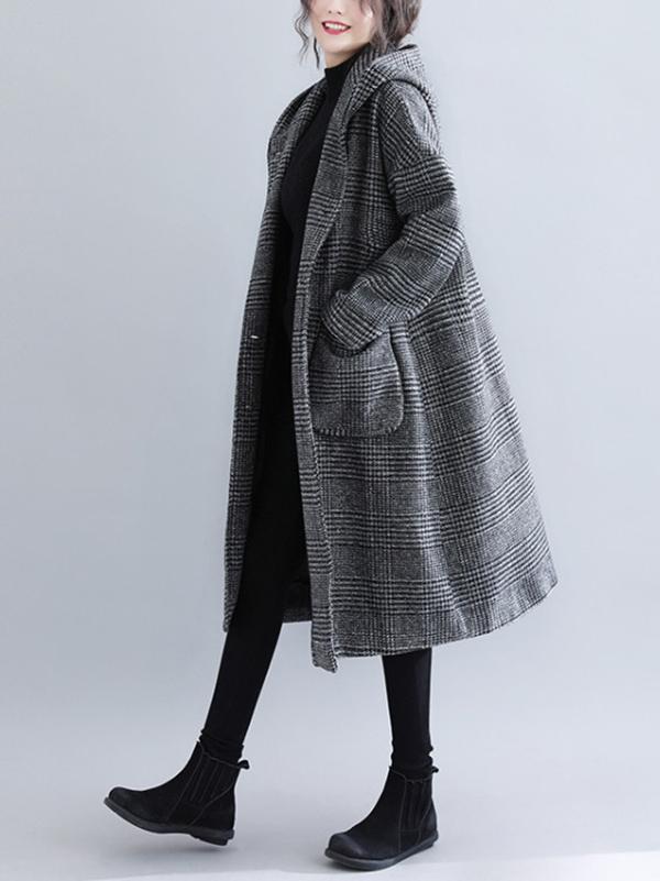 Manteau ample à capuche en laine à carreaux