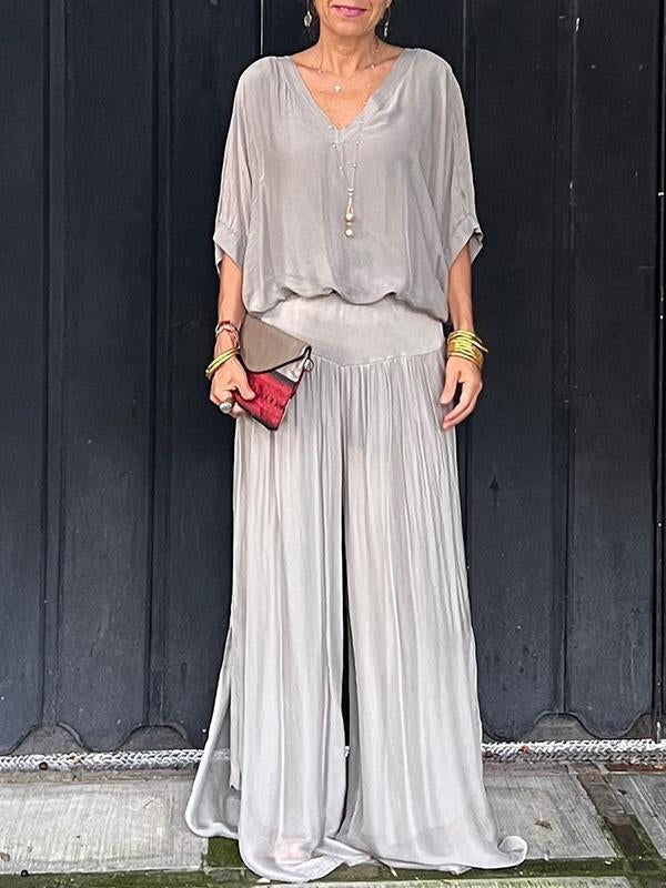 Saila | Robe maxi pour femmes décolleté en V, manches chauve-souris, couleur unie
