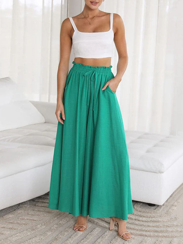 Pantalon ample taille haute, à cordon de serrage, à taille élastique, à poches, couleur unie