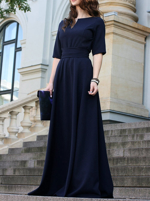 Robe longue à manches mi-longues, taille haute, à taille nouée, à col en V, couleur unie