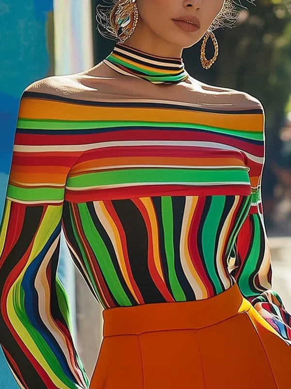 T-shirt ample rayé à manches longues, à col licou, couleur contrastée