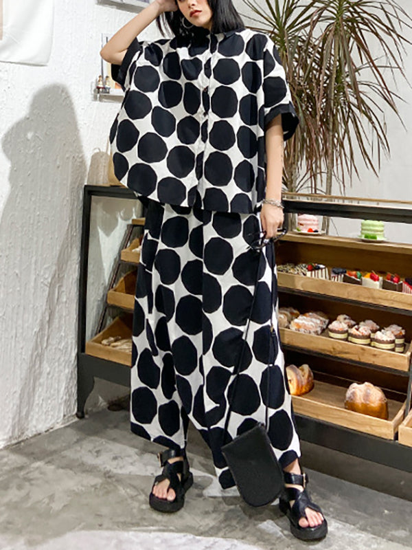 Ensemble deux pièces boutonné à manches chauve-souris, à pois, à col rond, à taille élastique, à poches – chemise + haut + sarouel + pantalon