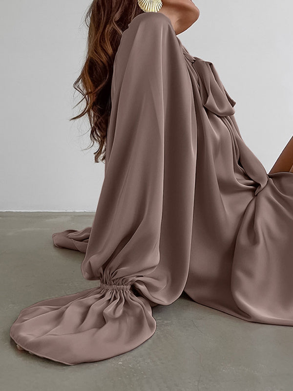 Robe courte boutonnée plissée nouée coupe trapèze, à manches évasées, à taille élastique, à fermeture éclair, à col montant, couleur unie