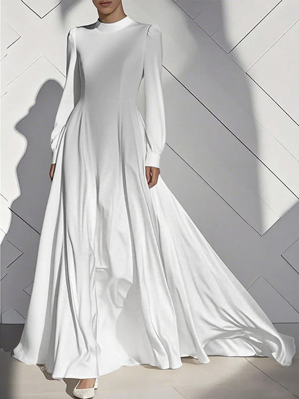 Robe longue plissée coupe trapèze, taille haute, à fermeture éclair, à col cheminée, couleur unie