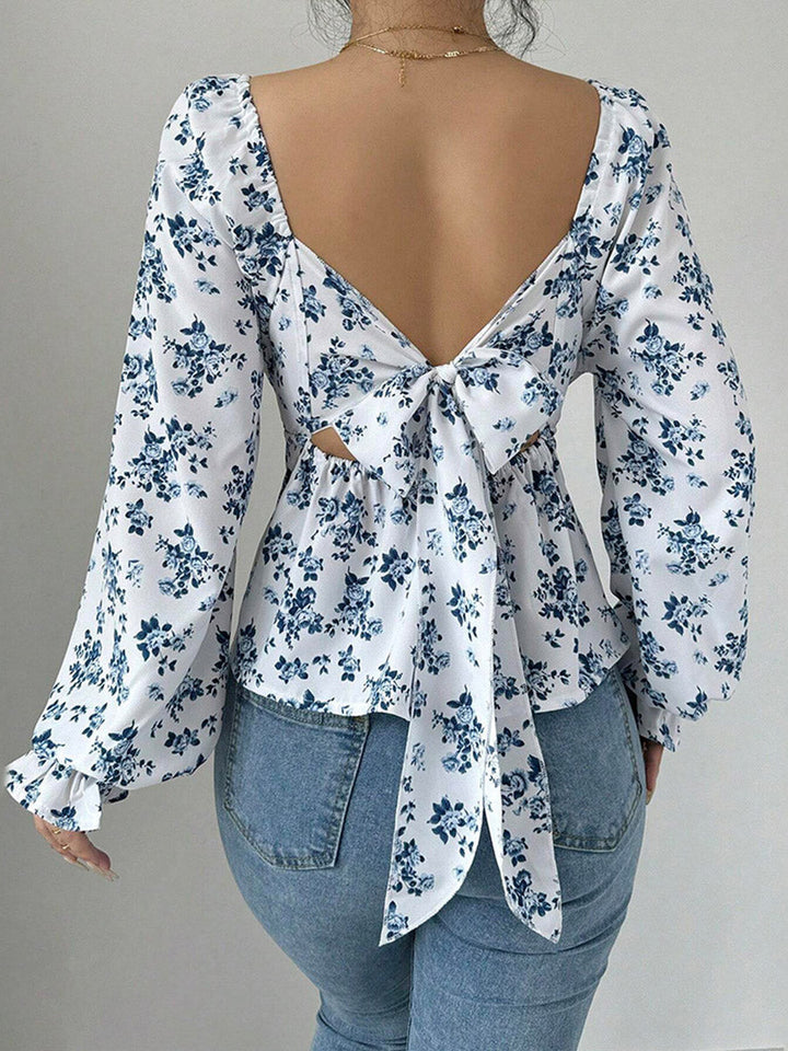 Chemisier plissé volanté à taille élastique, taille haute, à imprimé floral, à empiècements, à col carré, couleur contrastée