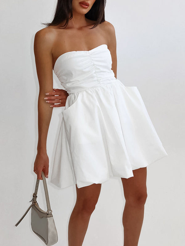 Robe courte plissée coupe trapèze, taille haute, à taille élastique, à poches, bustier, couleur unie