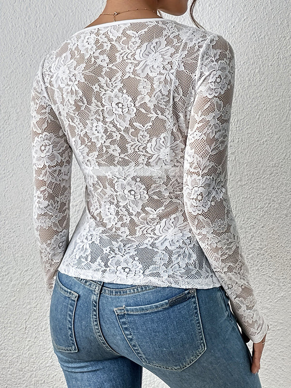 T-shirt près du corps en dentelle transparente à manches longues et col en V, couleur unie