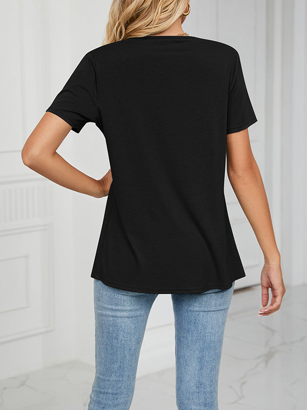 T-shirt ample plissé à manches courtes, à empiècements, à col rond, couleur unie
