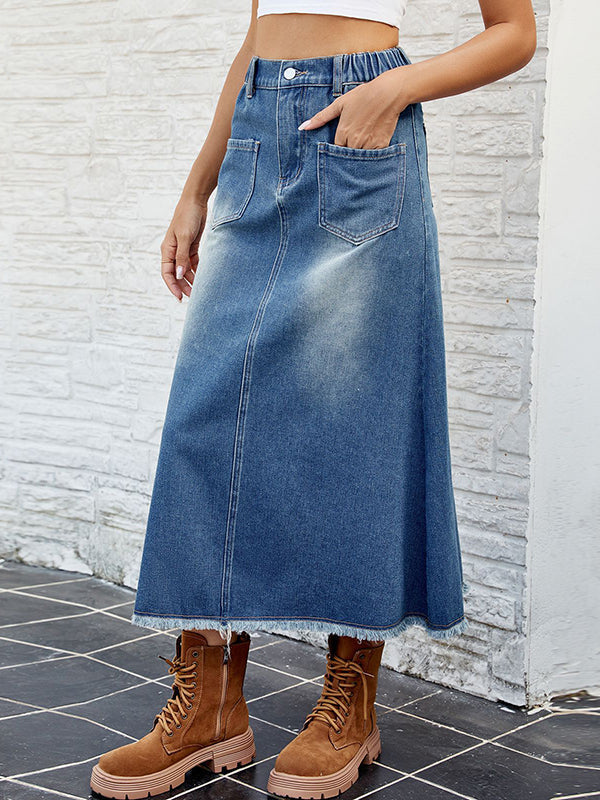 Jupe ample boutonnée coupe trapèze, à taille élastique, à franges, à poches, à empiècements