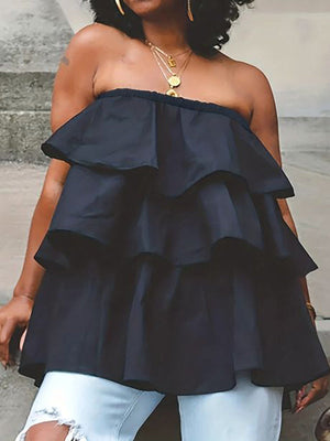 Débardeur ample superposé volanté coupe trapèze, à taille élastique, bustier, couleur unie