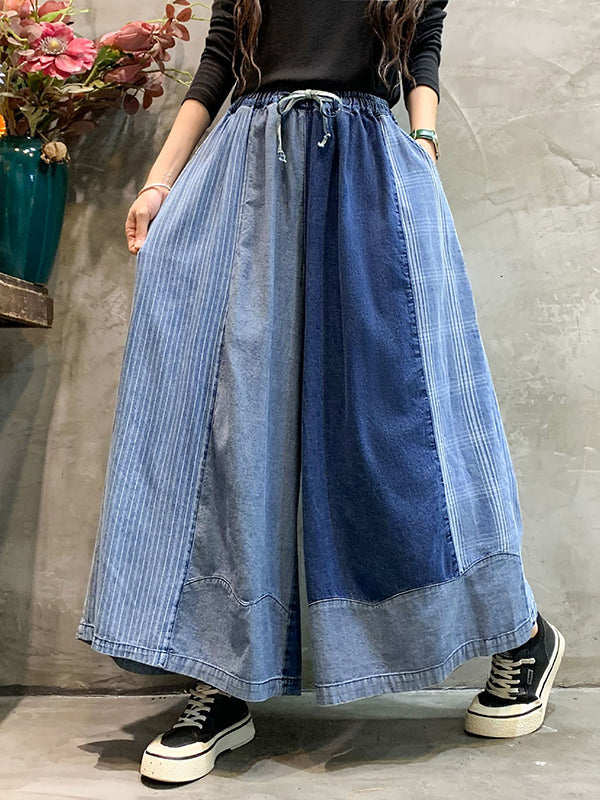 Bas de pantalon en Jean à carreaux, ample, élastique, avec cordon de serrage, à empiècements, neuvième pantalon