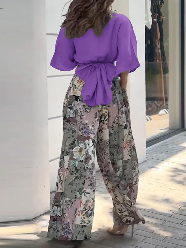 Ensemble chemise et pantalon large à imprimé floral, nœud et poches
