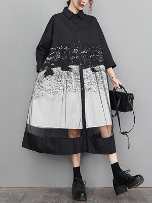 Robe mi-longue boutonnée imprimée coupe trapèze, à manches longues, en gaze, à empiècements, à col revers