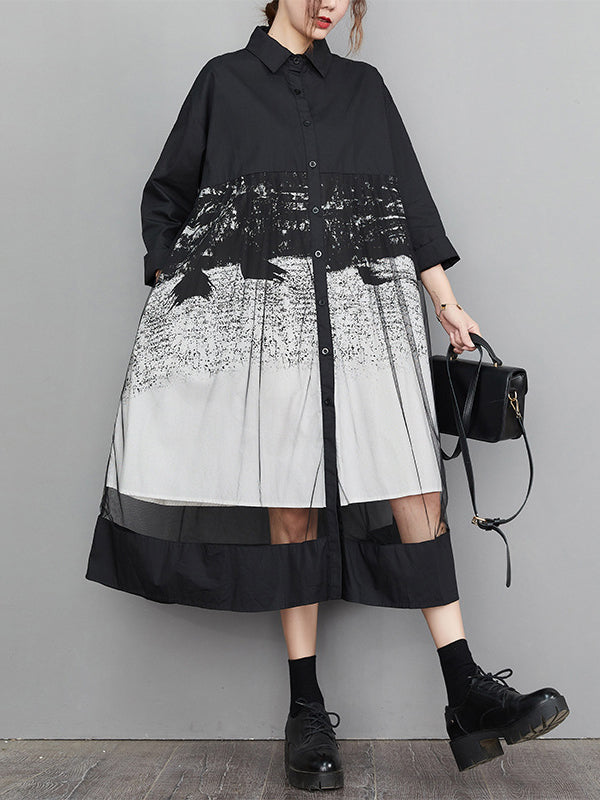 Robe mi-longue boutonnée imprimée coupe trapèze, à manches longues, en gaze, à empiècements, à col revers
