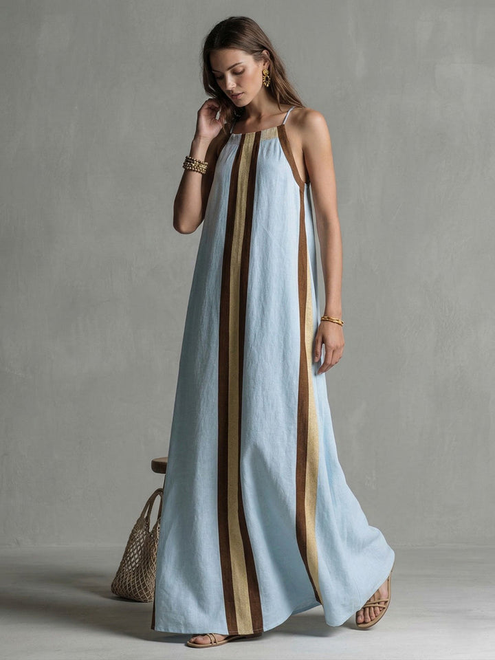 Robe longue ample plissée coupe trapèze, à fines bretelles, couleur contrastée