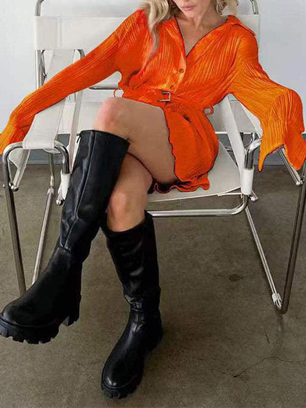 Robe chemise boutonnée plissée à manches longues, à taille nouée, à col revers, couleur unie