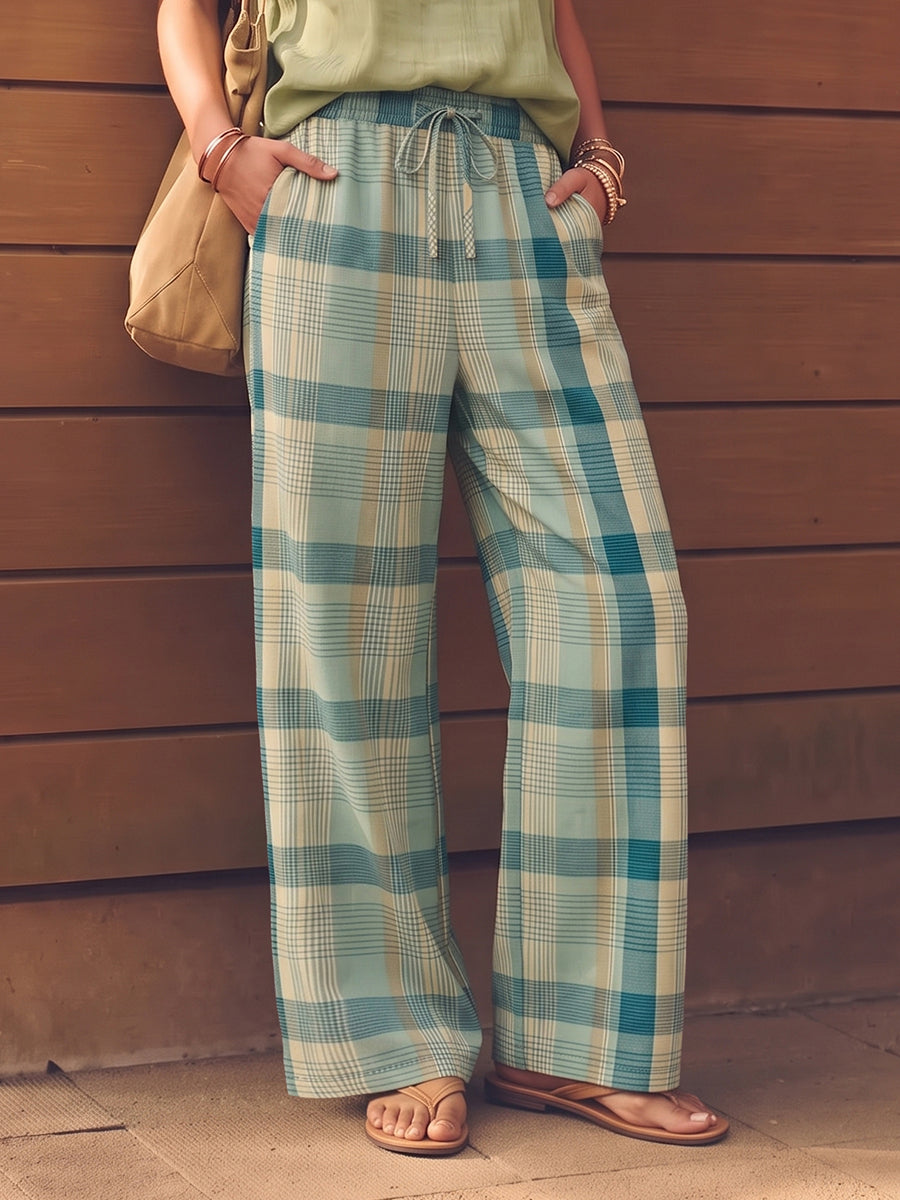 Pantalon ample à poches, à carreaux, à jambes larges, couleur contrastée