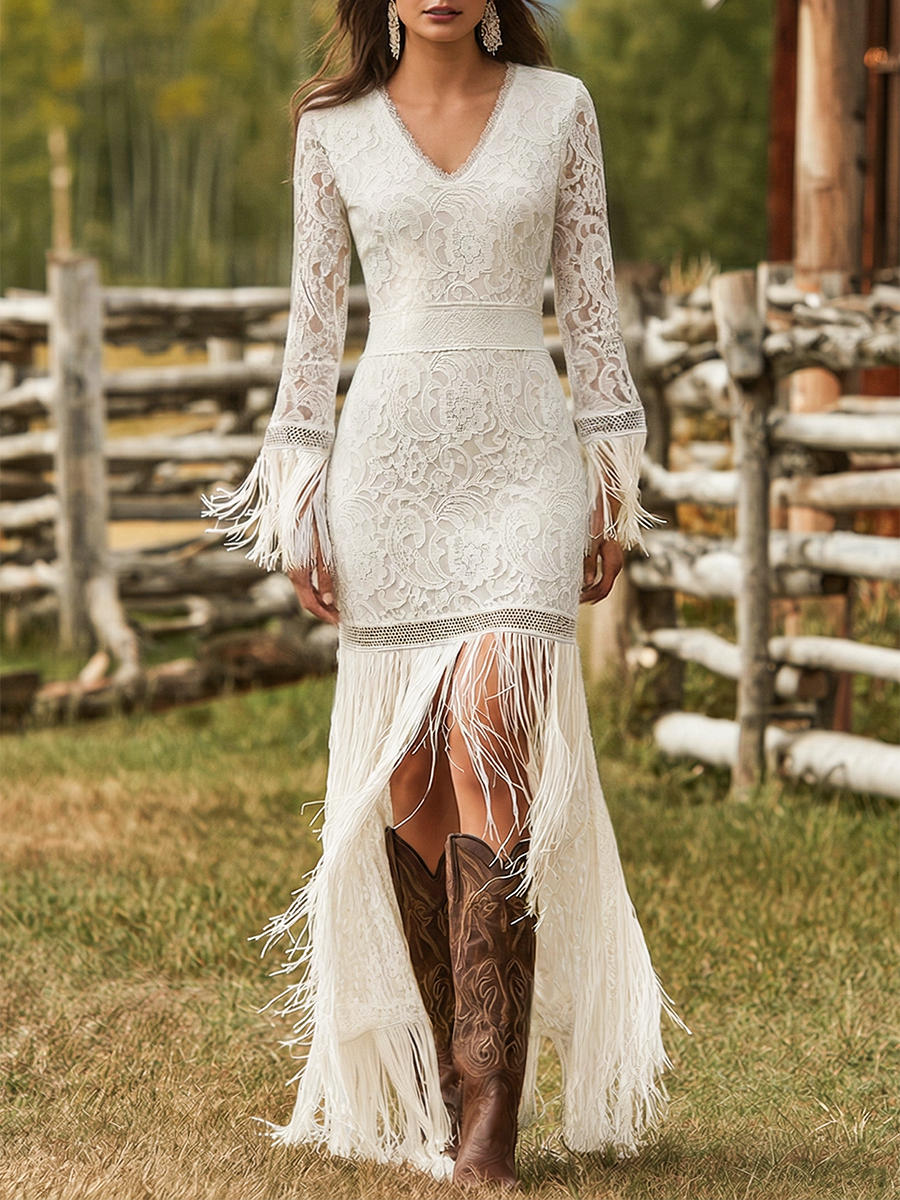 Adelina | Robe Maxi à Manches Longues avec Décolleté en V et Franges