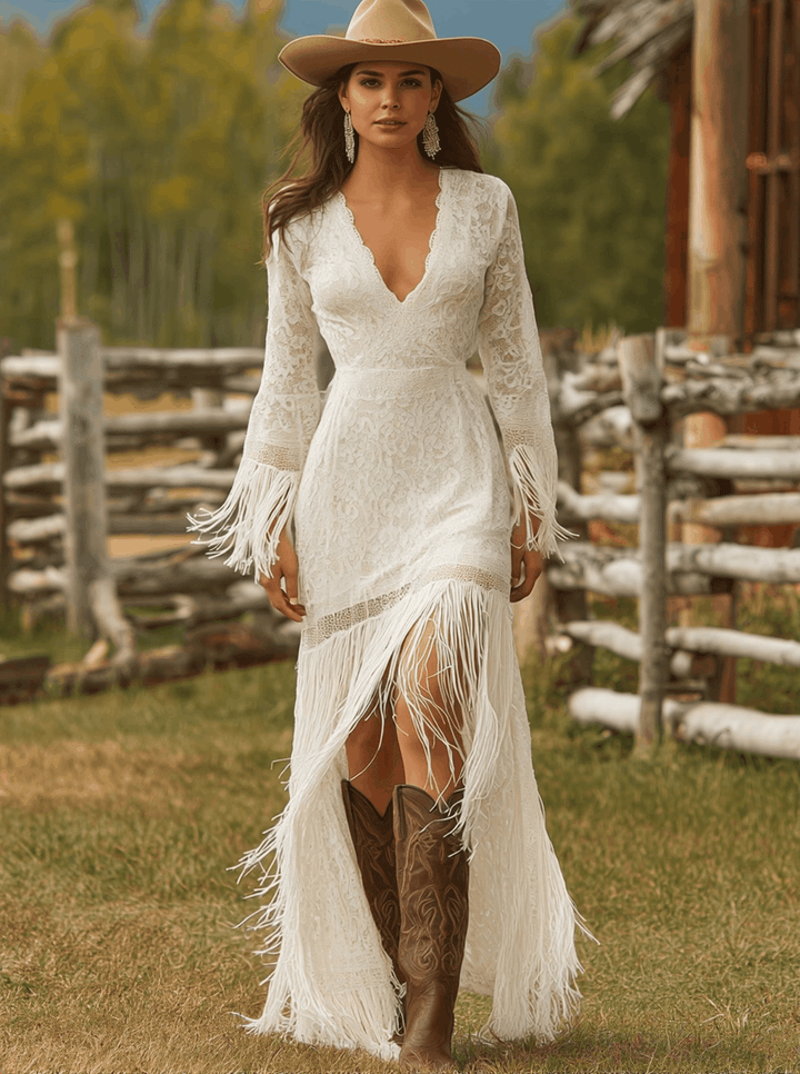 Adelina | Robe Maxi à Manches Longues avec Décolleté en V et Franges