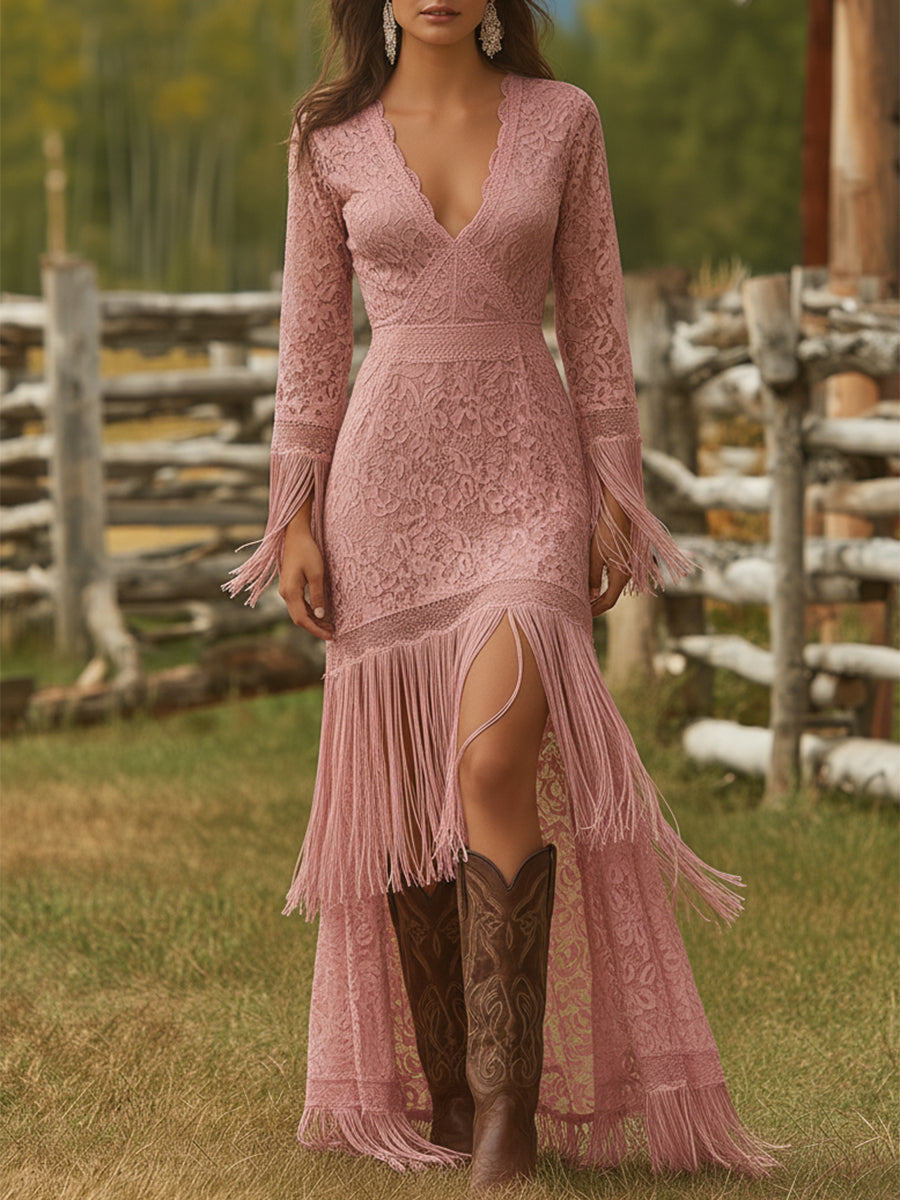 Adelina | Robe Maxi à Manches Longues avec Décolleté en V et Franges