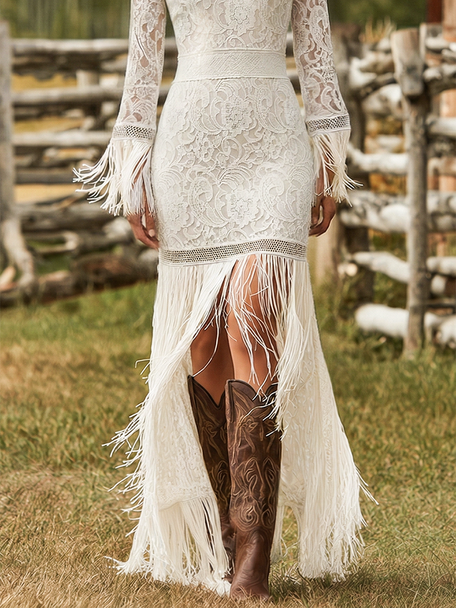 Adelina | Robe Maxi à Manches Longues avec Décolleté en V et Franges
