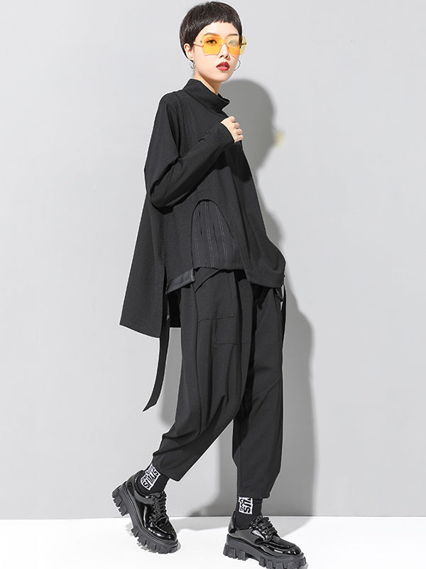 Sarouel élégant noir asymétrique à taille élastique