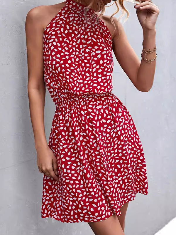 Robe courte plissée coupe trapèze, taille haute, à taille élastique, à imprimé feuilles, à col licou