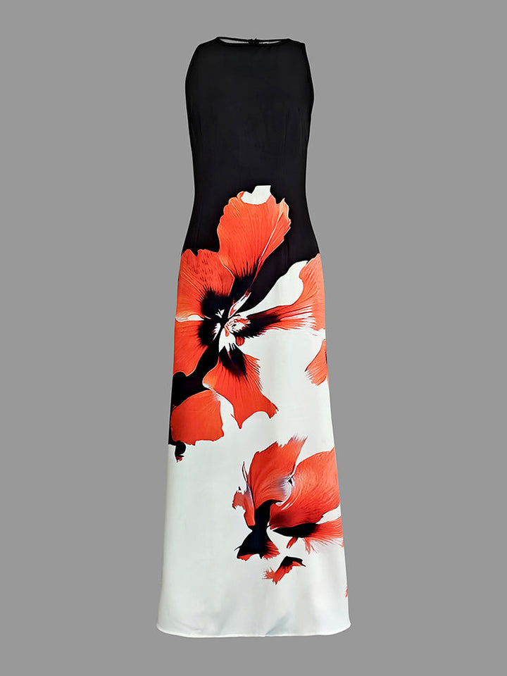 Robe longue coupe près du corps, sans manches, à imprimé floral, à col rond
