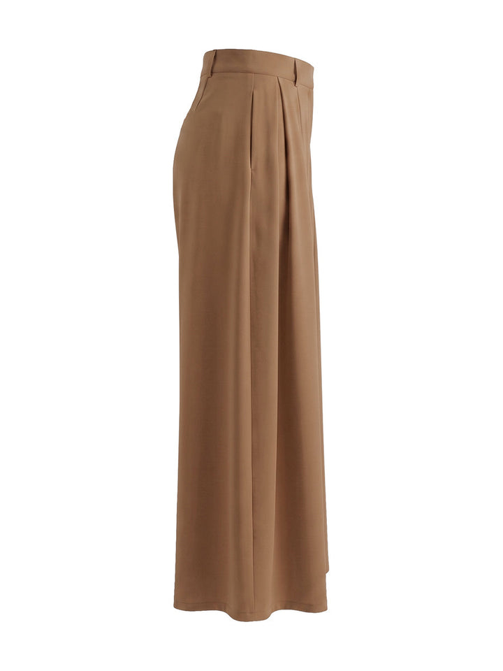 Pantalon élégant ample taille haute, à jambes larges, couleur unie