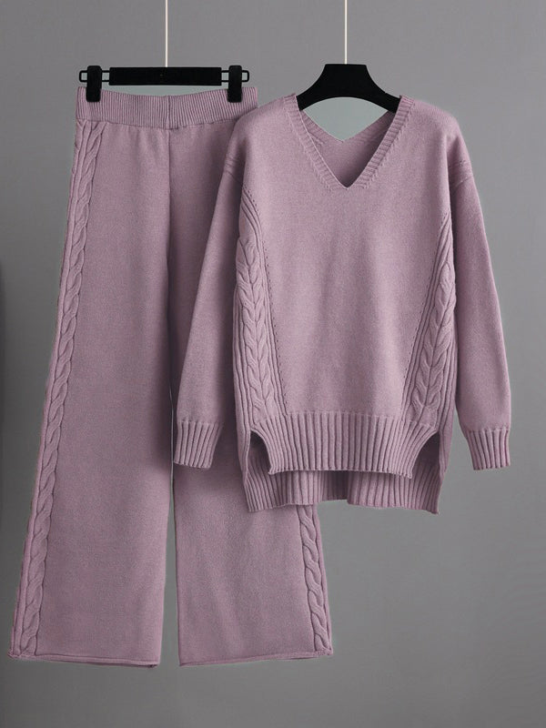 Ensemble deux pièces élégant ample à manches longues, à col en V, à jambes larges, couleur unie – pull + pantalon