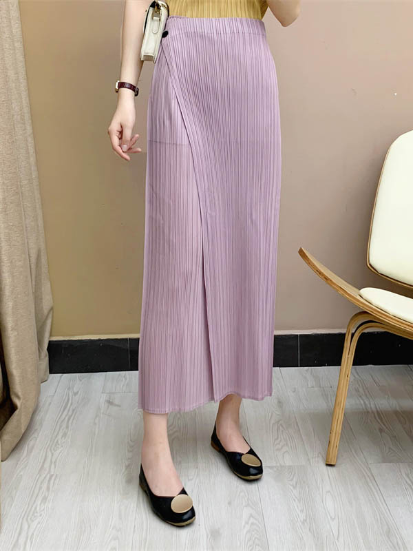 Pantalon plissé décontracté coupe droite, à coupe irrégulière, couleur unie