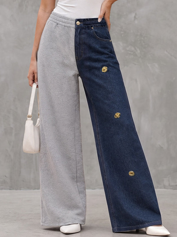 Pantalon boutonné à fermeture éclair, à empiècements, à poches, à taille élastique, à jambes larges, taille haute, couleur contrastée