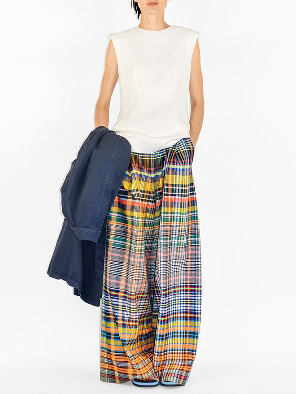 Pantalon élégant ample imprimé décontracté à jambes larges, à damier