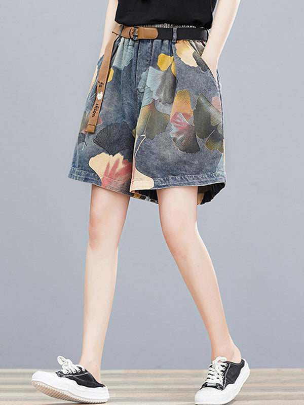 Short à fleurs, à jambes larges, en jean
