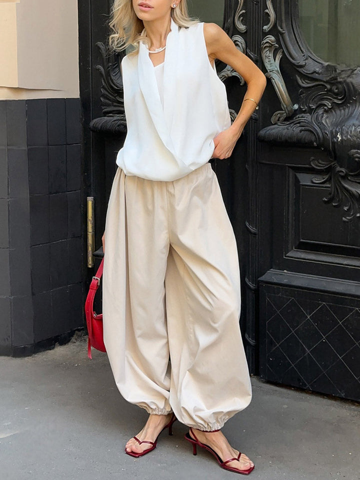 Pantalon resserré aux chevilles plissé à taille élastique, taille haute, à cordon de serrage, couleur unie
