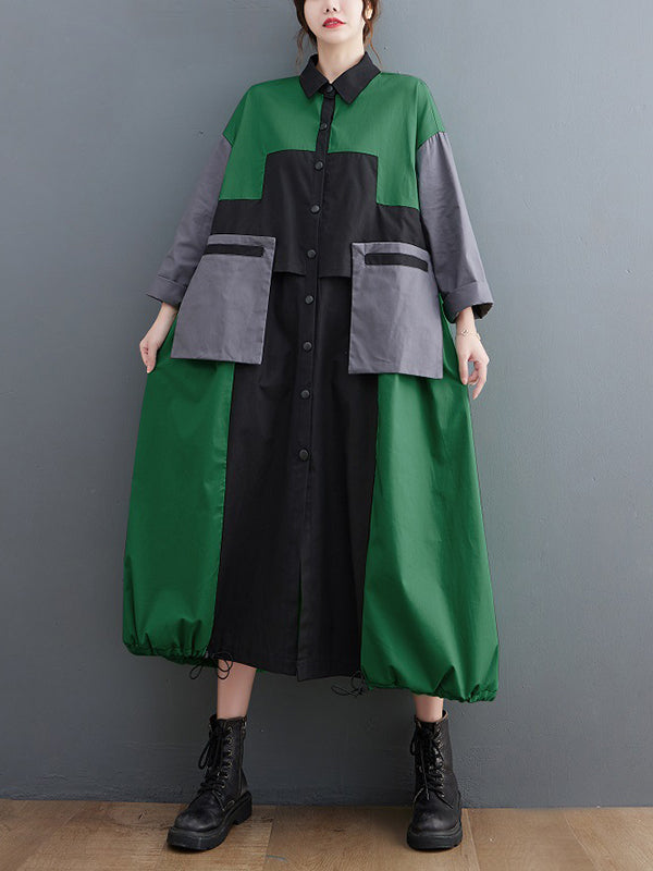 Robe mi-longue ample vintage, à manches longues, col polo, couleur contrastée