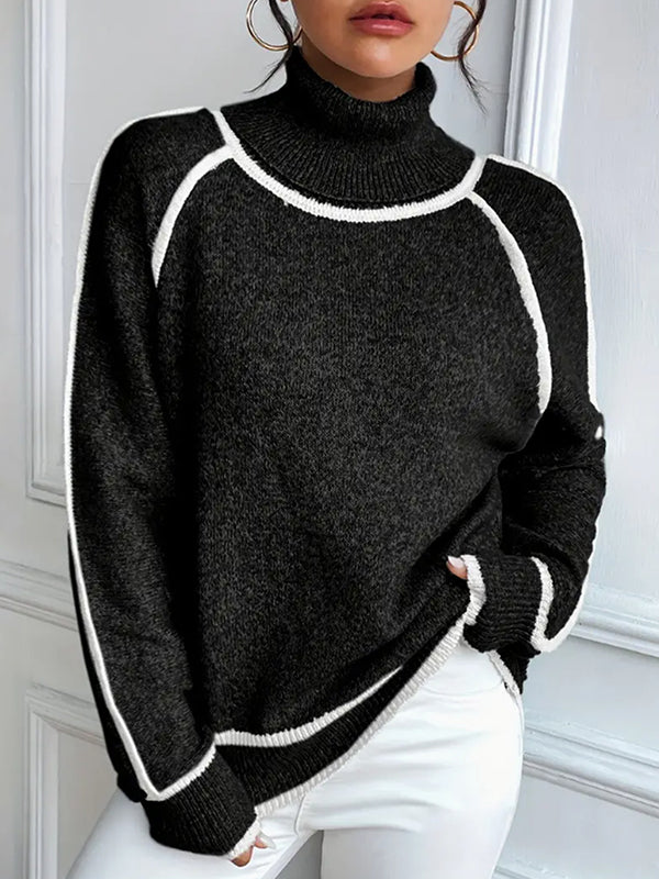 Pull ample à manches longues, à empiècements, à col haut, couleur contrastée