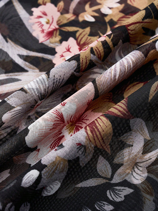 Kimono transparent à manches chauve-souris, à manches mi-longues, à imprimé floral, à col rond