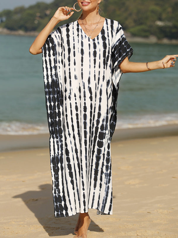 Robe longue ample imprimée fendue sur le côté à manches courtes, anti-UV, à col en V
