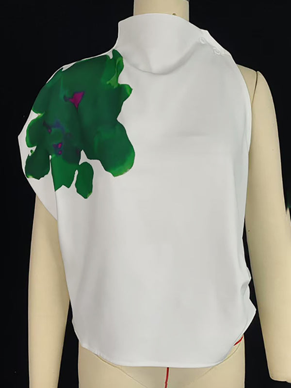Débardeur ample asymétrique sans manches, à imprimé floral, à col cheminée