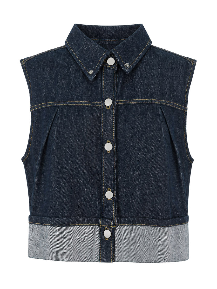 Gilet sans manches ample boutonné plissé à empiècements, à col revers