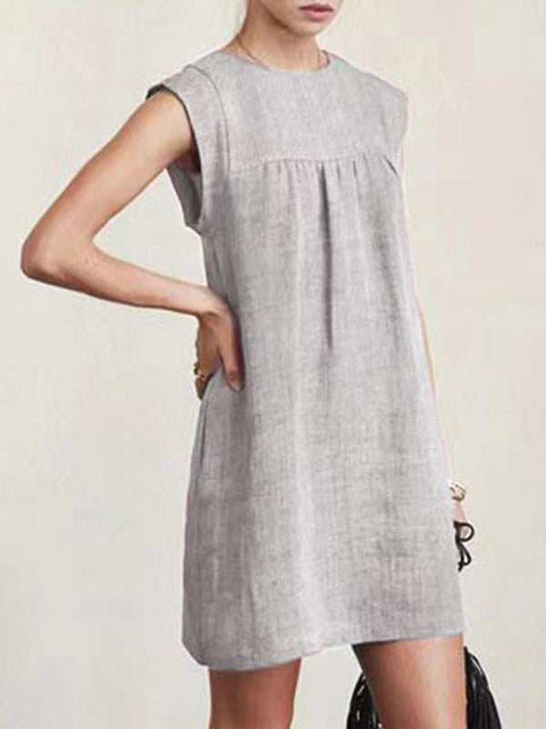Robe courte décontractée ample à mancherons, à col rond, couleur unie