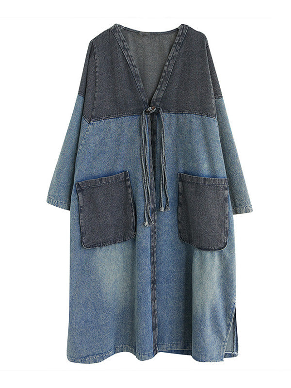 Artistique Rétro Denim Manches Longues Lâche Attaché à empiècements Trench Manteaux