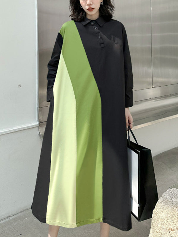 Robe chemise ample asymétrique boutonnée à manches longues, à empiècements, à col revers, couleur contrastée